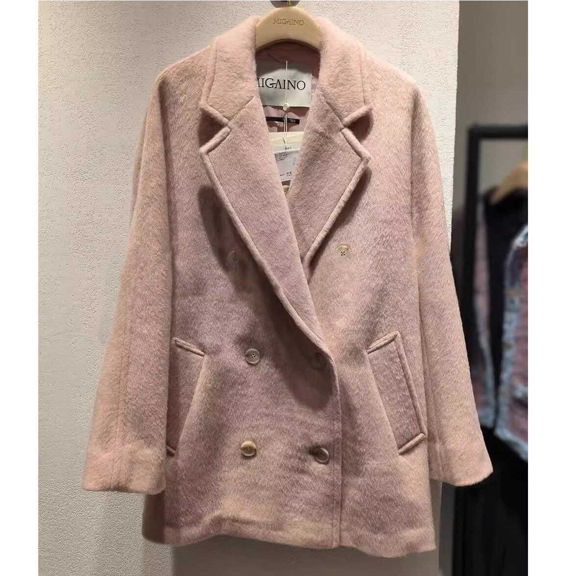 曼娅奴女装大衣2023冬新款宽松双排扣毛呢外套MN42GA014