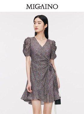 曼娅奴女装2024夏季新款V领收腰A字短裙紫色碎花连衣裙MO24DA614