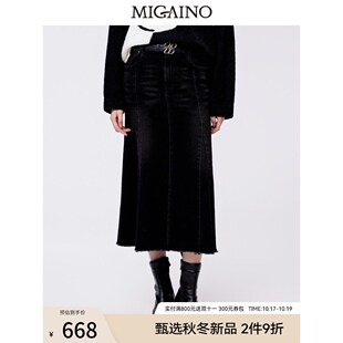 Migaino曼娅奴黑色牛仔半身裙女2023秋冬新款气质鱼尾裙MN42EJ030