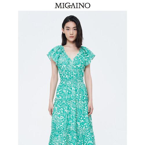 Migaino曼娅奴连衣裙2023夏度假飞飞袖V领高腰蛋糕长裙MN22DE039