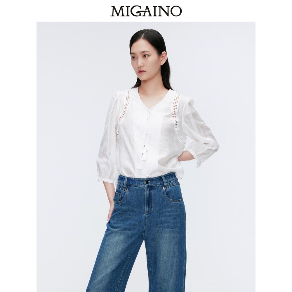 Migaino曼娅奴女装2024夏季新款V领百搭宽松白色上衣 MO22AC067