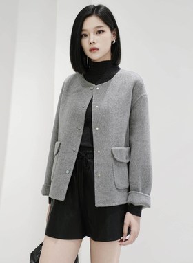 曼娅奴女秋冬新款简约百搭宽松气质感灰色短款毛呢外套MP44SG705