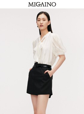 Migaino曼娅奴衬衫2024夏季新款蝴蝶结泡泡袖上衣MO22AA088