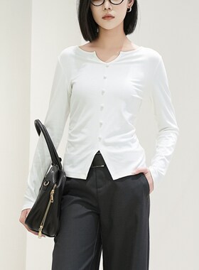 Migaino曼娅奴女装2025秋新款小V领百搭显瘦长袖打底T恤MP34RC704