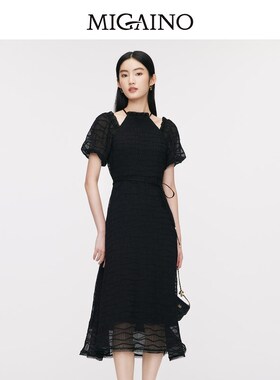 曼娅奴女装2024夏季新款收腰显瘦中长款黑色网纱连衣裙MO24DA675