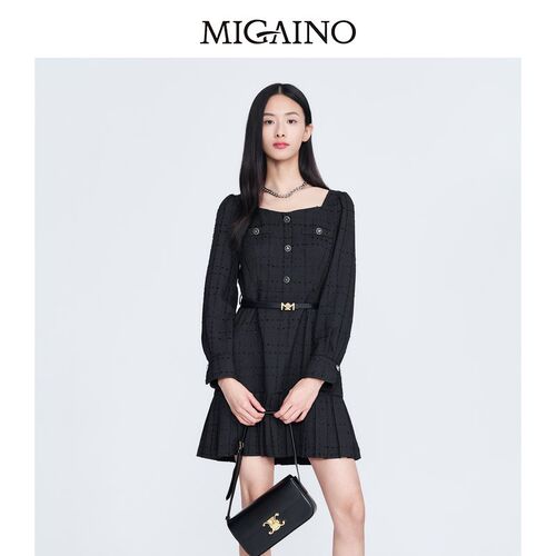 Migaino曼娅奴赫本风连衣裙女2023春新款方领显瘦百褶裙MN12DC062