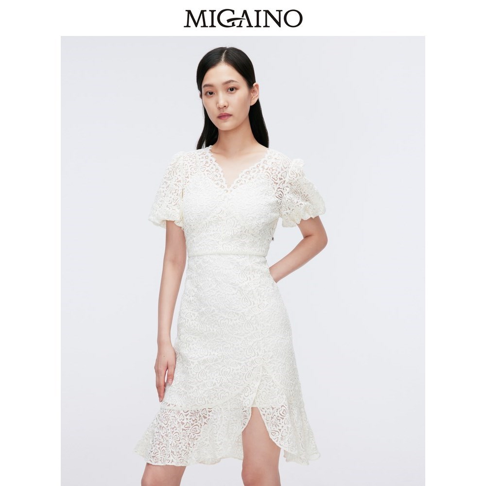 Migaino曼娅奴女装2024夏季新款优雅气质V领蕾丝连衣裙MO22DA122