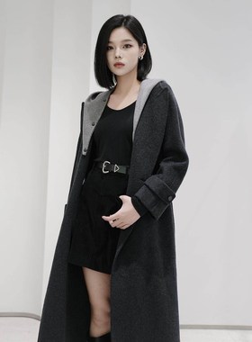 曼娅奴女秋冬新款高级灰色慵懒时尚假两件保暖呢子大衣MP44GC704