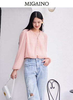 Migaino曼娅奴泡泡袖衬衫女2023春夏新款压褶设计感上衣MN12AA034