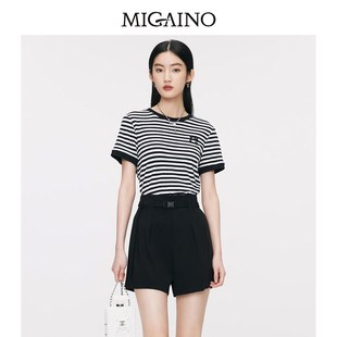 圆领短袖 撞色休闲简约短款 上衣MO14RA606 新款 曼娅奴T恤女2024夏季