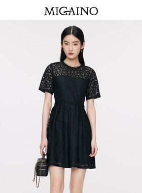 曼娅奴蕾丝连衣裙女2024夏季新款气质小个子收腰小黑裙MO14DA654