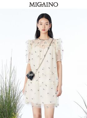 曼娅奴连衣裙2023夏蝴蝶结印花波点短袖娃娃裙减龄短裙MN24DA601
