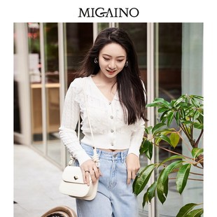 蕾丝拼接v领镂空上衣MN14JK618 新款 曼娅奴薄针织衫 女2023年春季