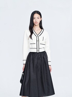 曼娅奴春装新款女专柜正品黑色高腰中长伞裙半身裙女MN12EB002