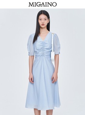 Migaino曼娅奴V领连衣裙女2023夏季新款高腰显瘦中长裙MN22DA113