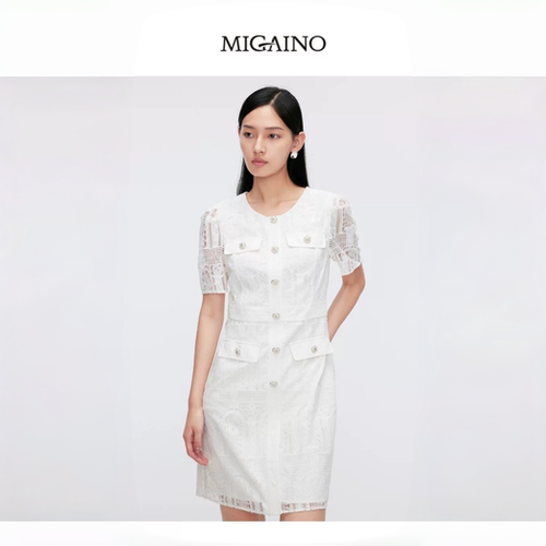 Migaino曼娅奴女装2024夏季新款时尚气质白色短款连衣裙MO22DA002