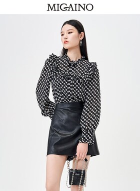 曼娅奴通勤衬衫女2023年秋新款木耳边别致印花长袖上衣MN34AC607