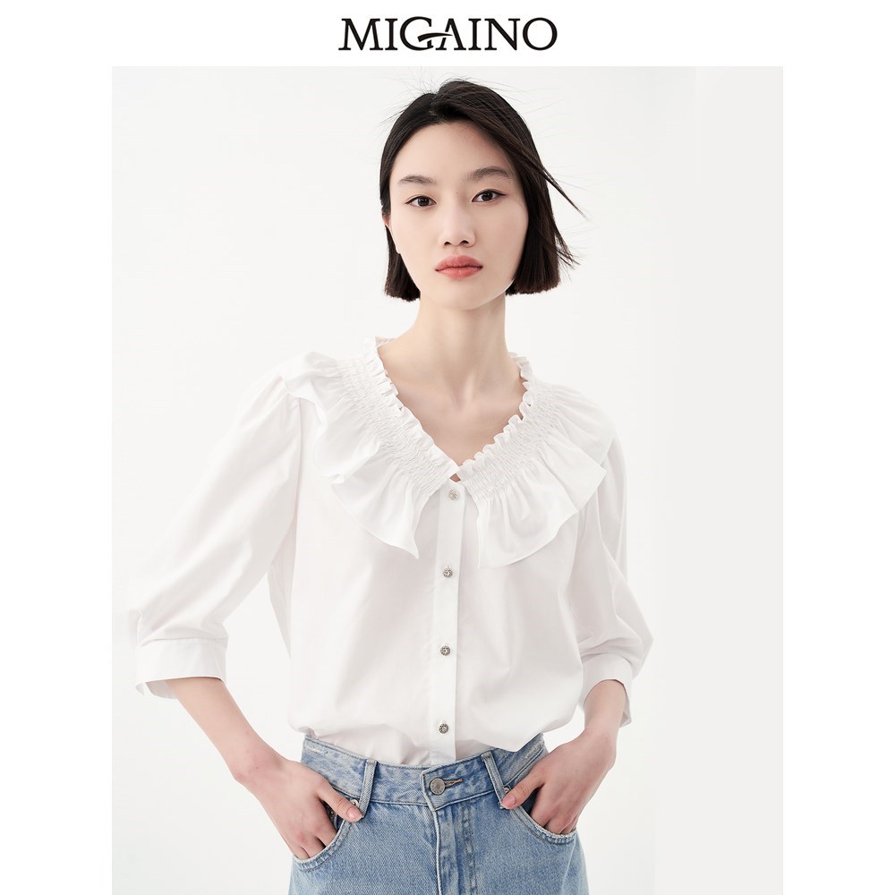 Migaino曼娅奴上衣女2023年秋季新款V领别致通勤白衬衫MN32AC038