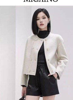 曼娅奴女装秋冬新款双排扣羊毛大衣短款小个子毛呢外套MP44SG711