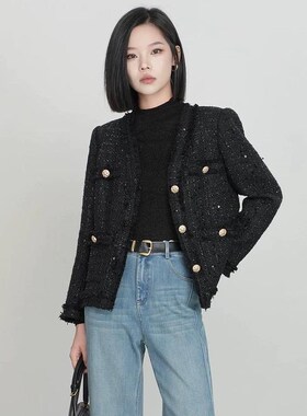 曼娅奴女装秋冬新款黑色小香风粗花呢名媛高级感短外套MP34SC708