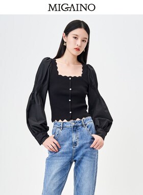 曼娅奴纯色针织衫女2023秋冬新款方领设计感短款上衣 MN44KW611