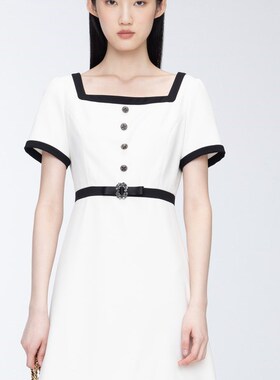 曼娅奴2024夏季新款小个子方领短袖法式气质连衣裙女MO24DA694