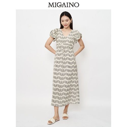 Migaino曼娅奴时尚连衣裙2023年夏新款V领绑带别致长裙MN22DA106