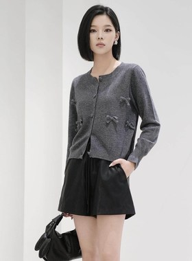 曼娅奴女秋冬新款灰色圆领宽松蝴蝶结减龄针织开衫外套MP44JK705