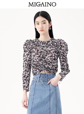 Migaino曼娅奴衬衫女2023年秋季新款设计感印花长袖上衣MN32AC080