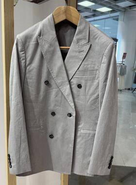 依文男士商务意大利进口Bonotto面料大戗驳领双排扣灰色休闲西服