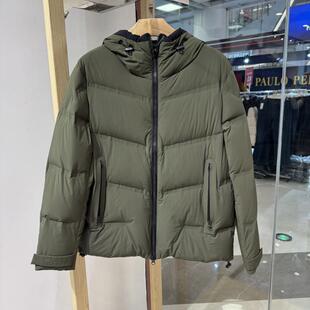 依文诺丁山男士商务高档短款面包连帽军绿色羽绒服吊牌价3280元