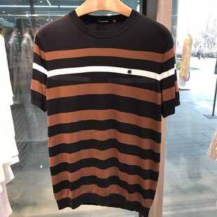 诺丁山男士新款棉粗纤混纺条纹咖啡色短袖T恤半截袖吊牌价1380元
