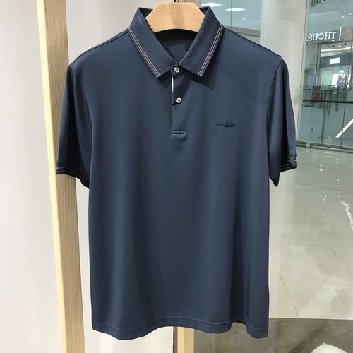 依文男士商务含桑蚕丝弹性面料翻领蓝灰色半袖短袖T恤POLO衫专柜