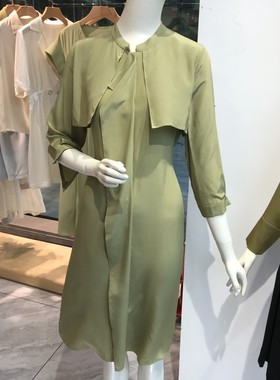 依文EVE CINA女士商务性感显瘦上班宴会修身纯桑蚕丝军绿色连衣裙