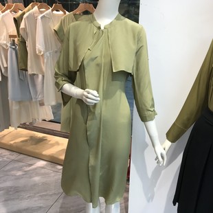 依文EVE 纯桑蚕丝军绿色连衣裙 CINA女士商务性感显瘦上班宴会修身