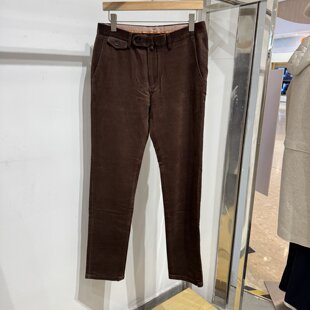 依文新款特价男士商务棉莫代尔条绒修身秋冬款咖啡色休闲裤1280元