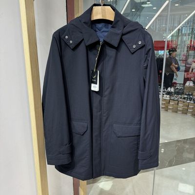 依文凯文凯利男士绵羊毛桑蚕丝牛仔蓝色中长风衣秋款吊牌价5980元