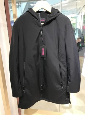 依文诺丁山男士商务高档修身纯锦纶面料连帽黑色棉服吊牌价3680元