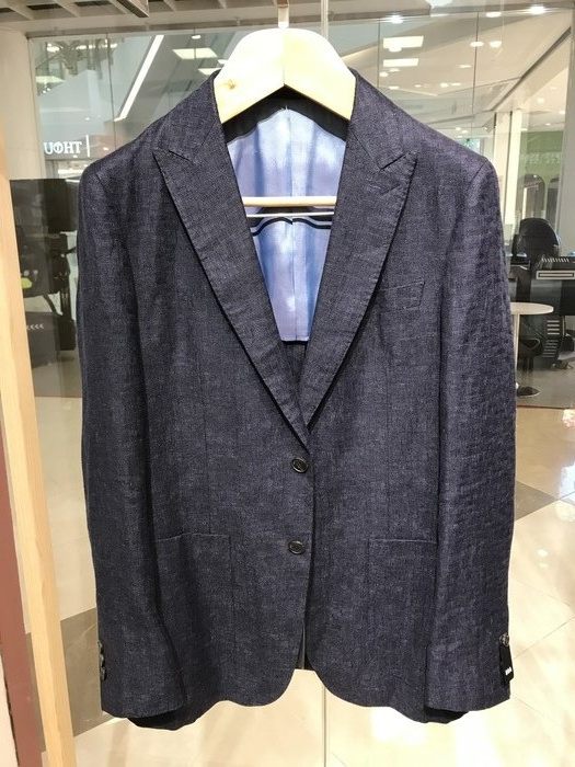 诺丁山男士商务意大利REDA面料绵羊毛亚麻藏蓝色西服戗驳领西服