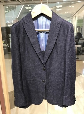 诺丁山男士商务意大利REDA面料绵羊毛亚麻藏蓝色西服戗驳领西服