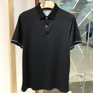 依文正品新款男士商务时尚高档锦纶氨纶舒适翻领黑色T恤半袖短袖
