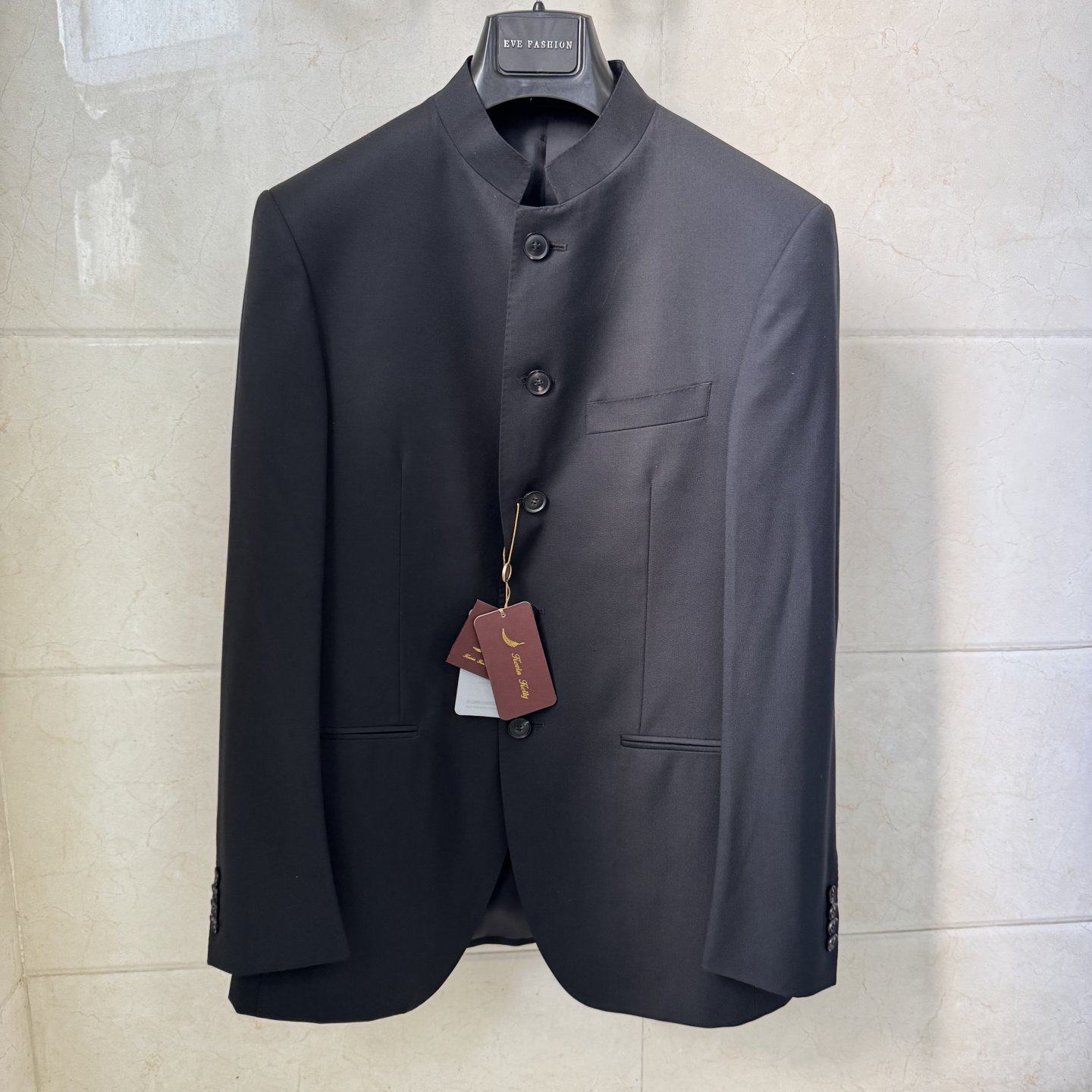 依文凯文凯利男士REDA纯羊毛130s支双开叉黑色中山装西服原6200元