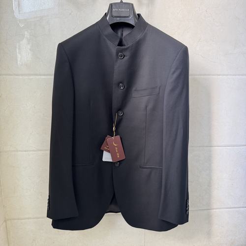 依文凯文凯利男士REDA纯羊毛130s支双开叉黑色中山装西服原6200元