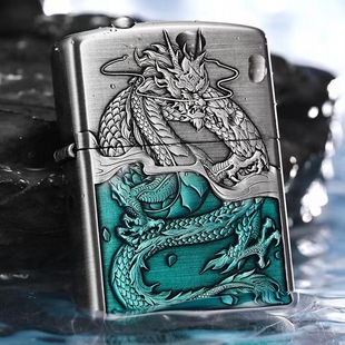 zippo打火机正品原装 盔甲机熏银浮雕蛟龙入海 男士防风煤油礼品