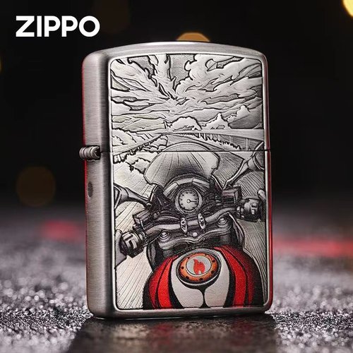 zippo打火机熏银盔甲彩印摩托车