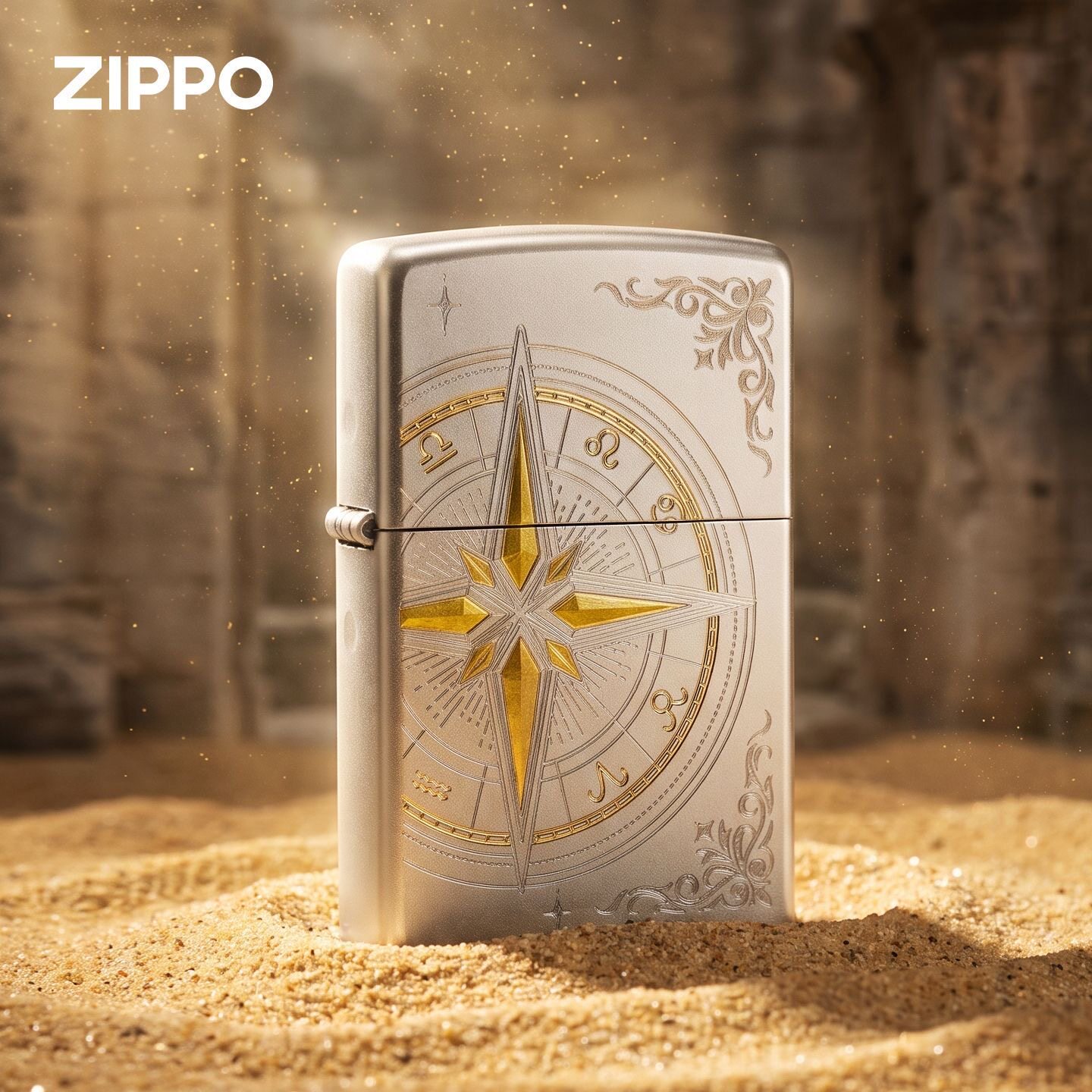 zippo打火机磨砂划刻幸运罗盘