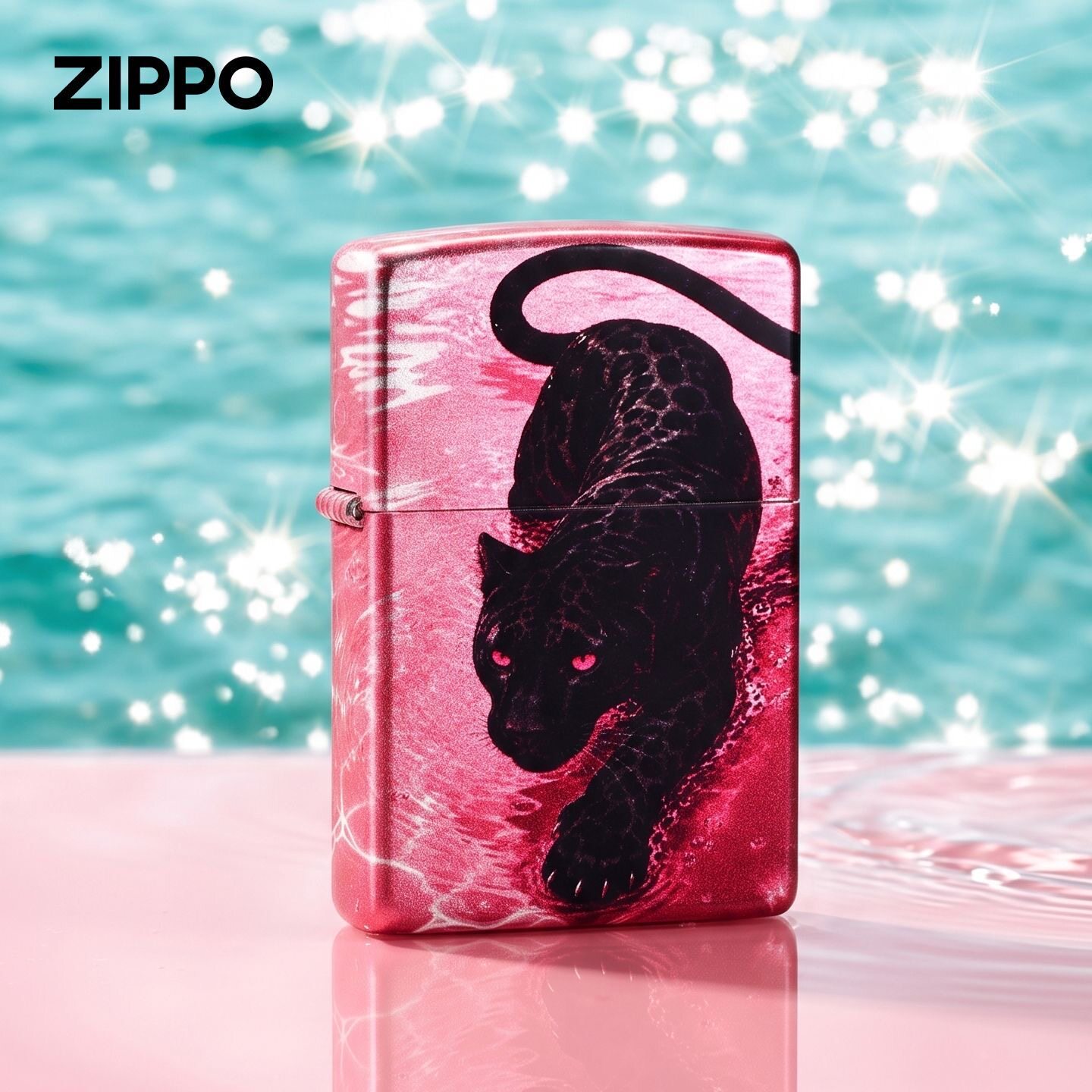 zippo打火机镀银彩印粉红黑豹