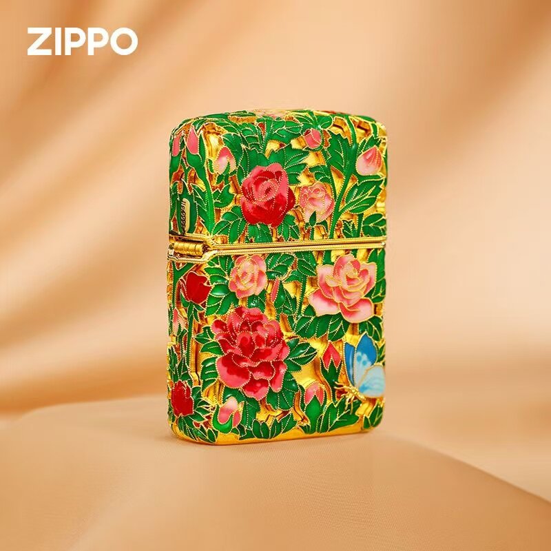 zippo打火机镀金套壳花丝玫瑰