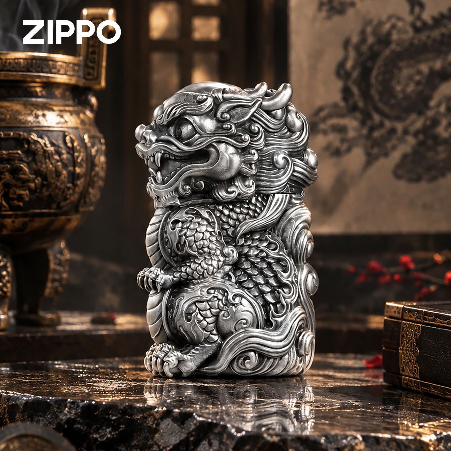 zippo打火机古银窄机瑞兽龙宝