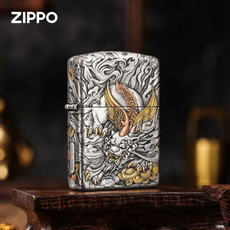 zippo打火机盔甲熏银双色貔貅